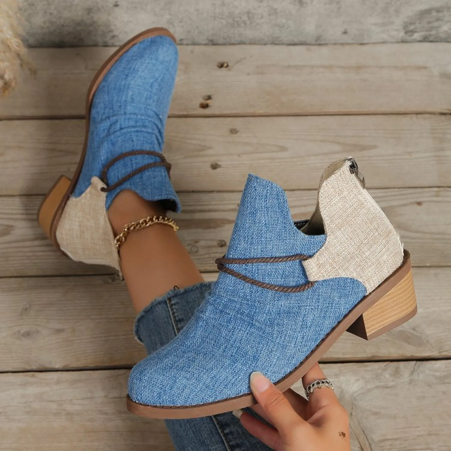 Hazel Blues® |  Contrast Canvas Low Heel Boots