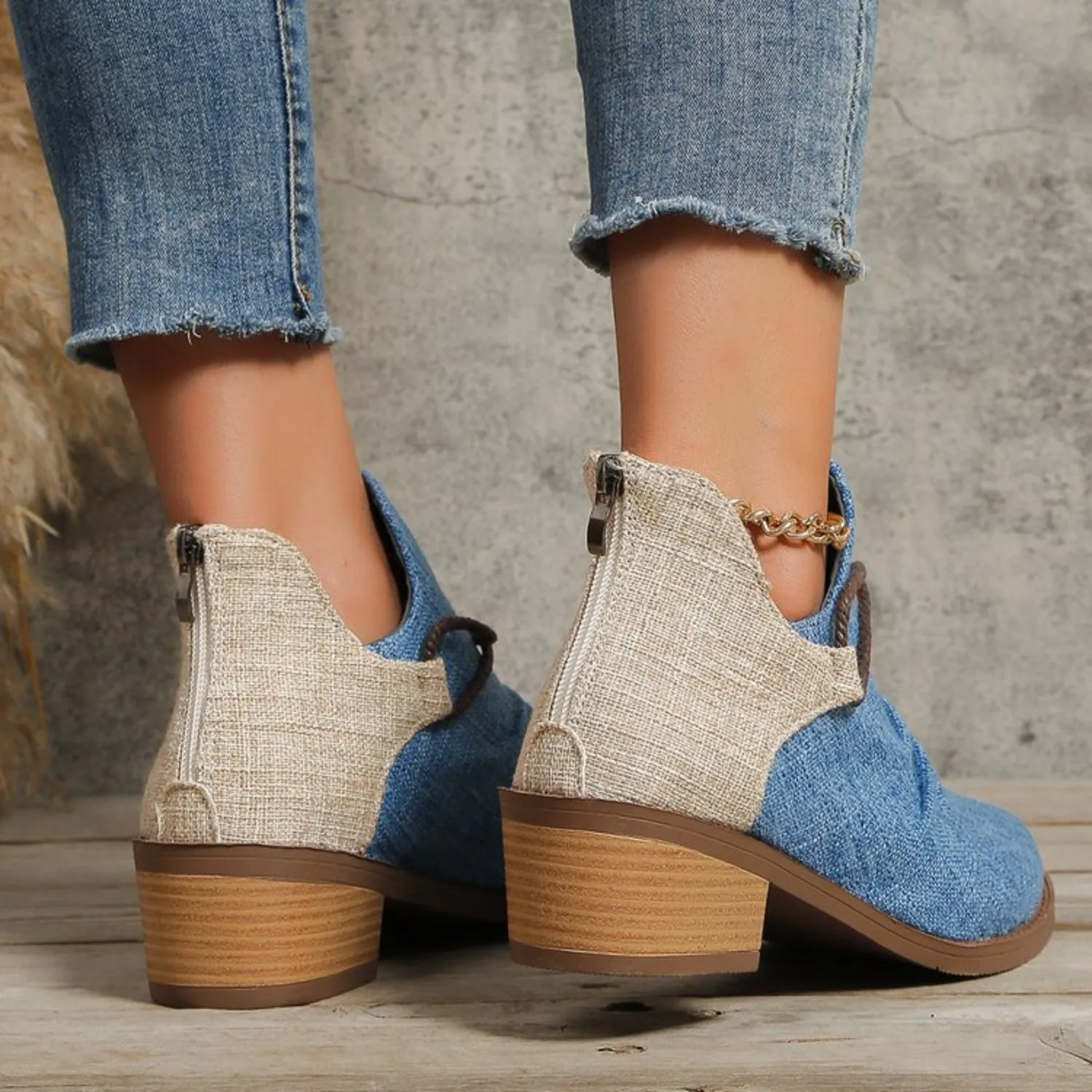 Hazel Blues® |  Contrast Canvas Low Heel Boots