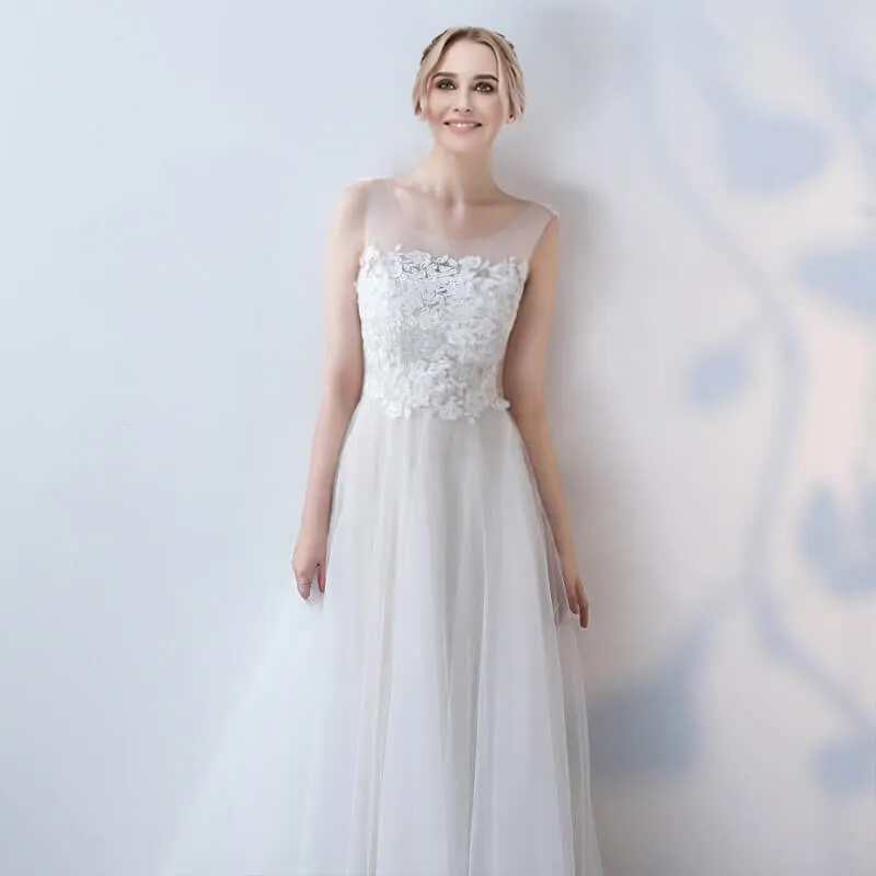 Illusion Wide Straps Sleeveless A-Line Lace Tulle White Wedding Dress