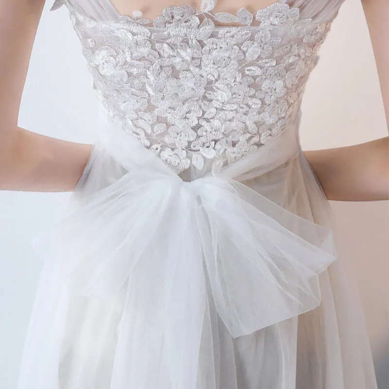 Illusion Wide Straps Sleeveless A-Line Lace Tulle White Wedding Dress