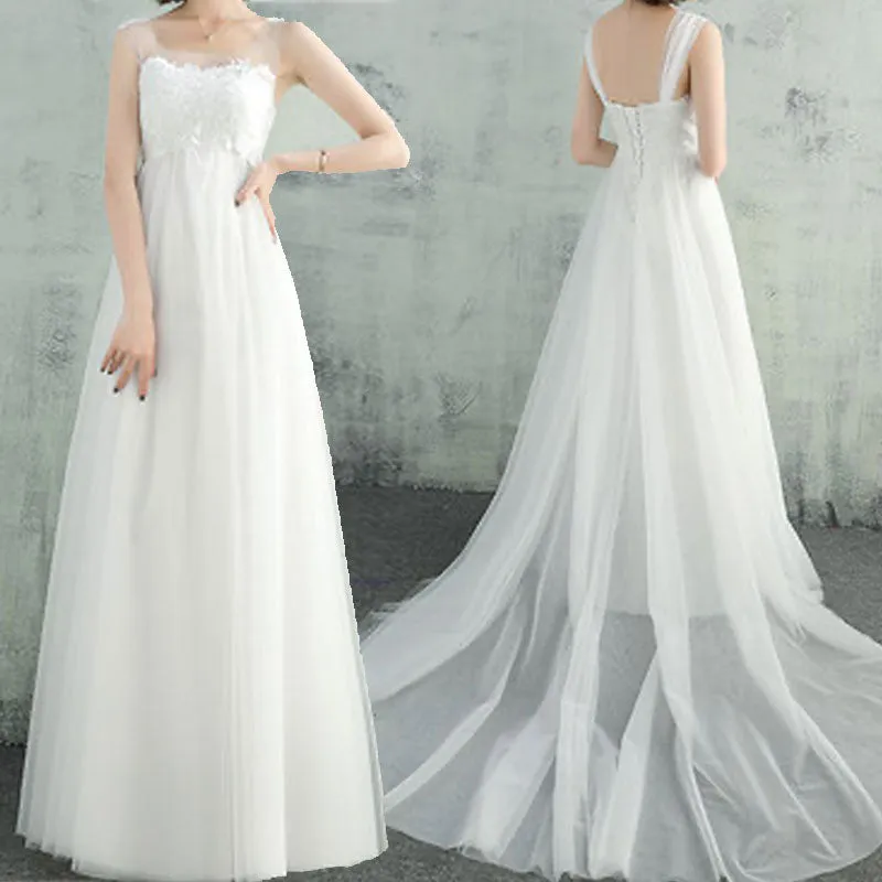 Illusion Wide Straps Sleeveless A-Line Lace Tulle White Wedding Dress