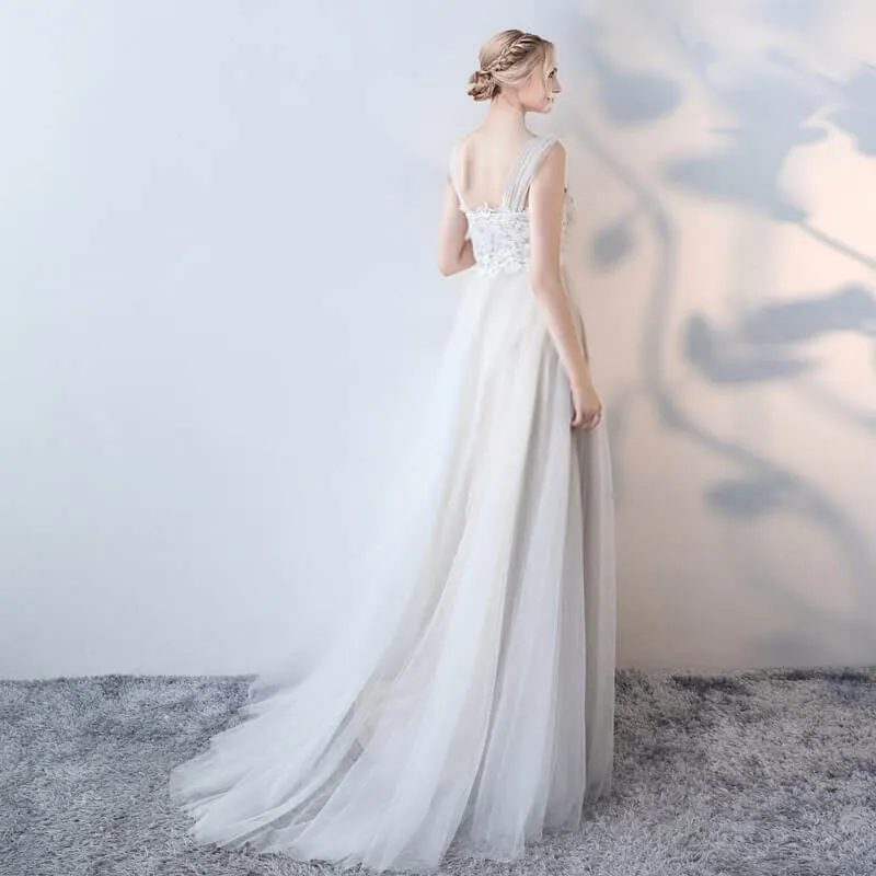 Illusion Wide Straps Sleeveless A-Line Lace Tulle White Wedding Dress