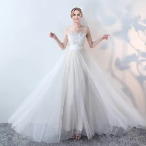 Illusion Wide Straps Sleeveless A-Line Lace Tulle White Wedding Dress