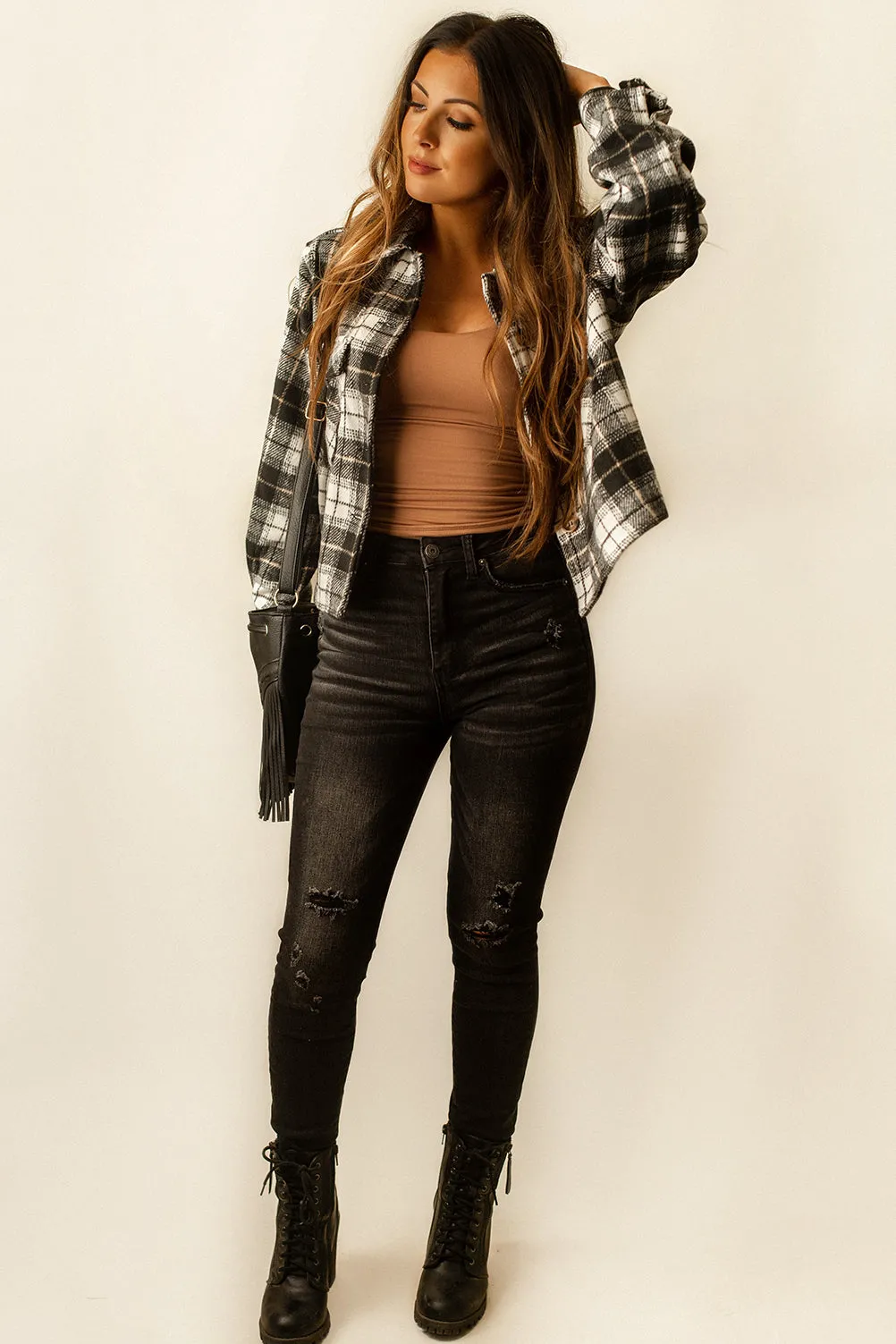 Jackson Cropped Plaid Shacket (Black   White) | FINAL SALE