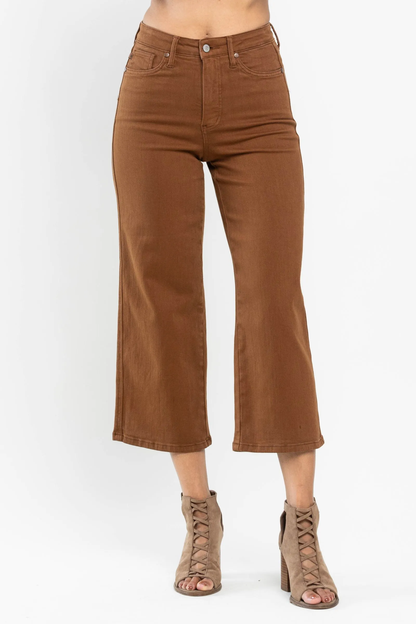 Judy Blue || Grace High Waist Tummy Control Wide Leg Crop in Camel