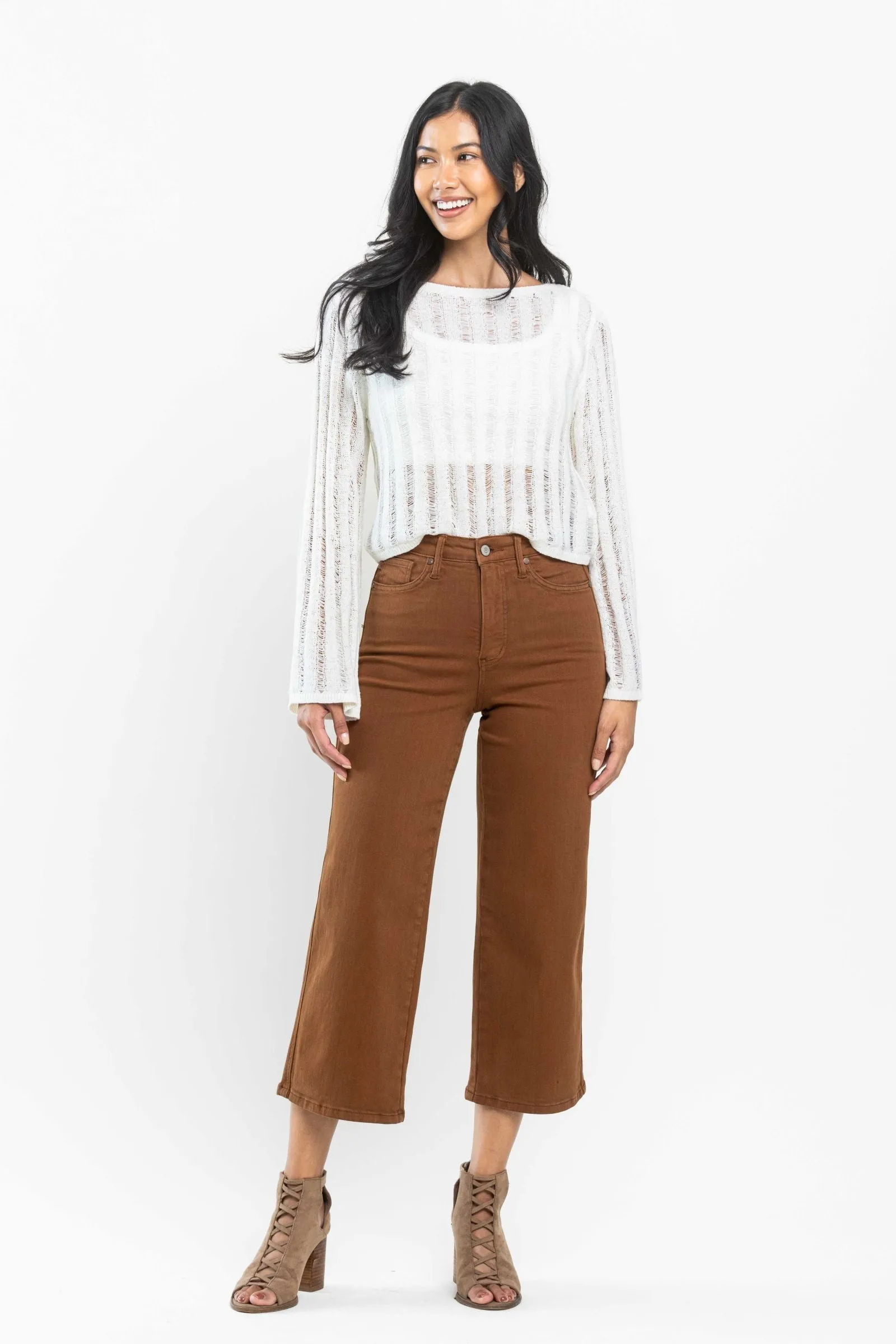 Judy Blue || Grace High Waist Tummy Control Wide Leg Crop in Camel