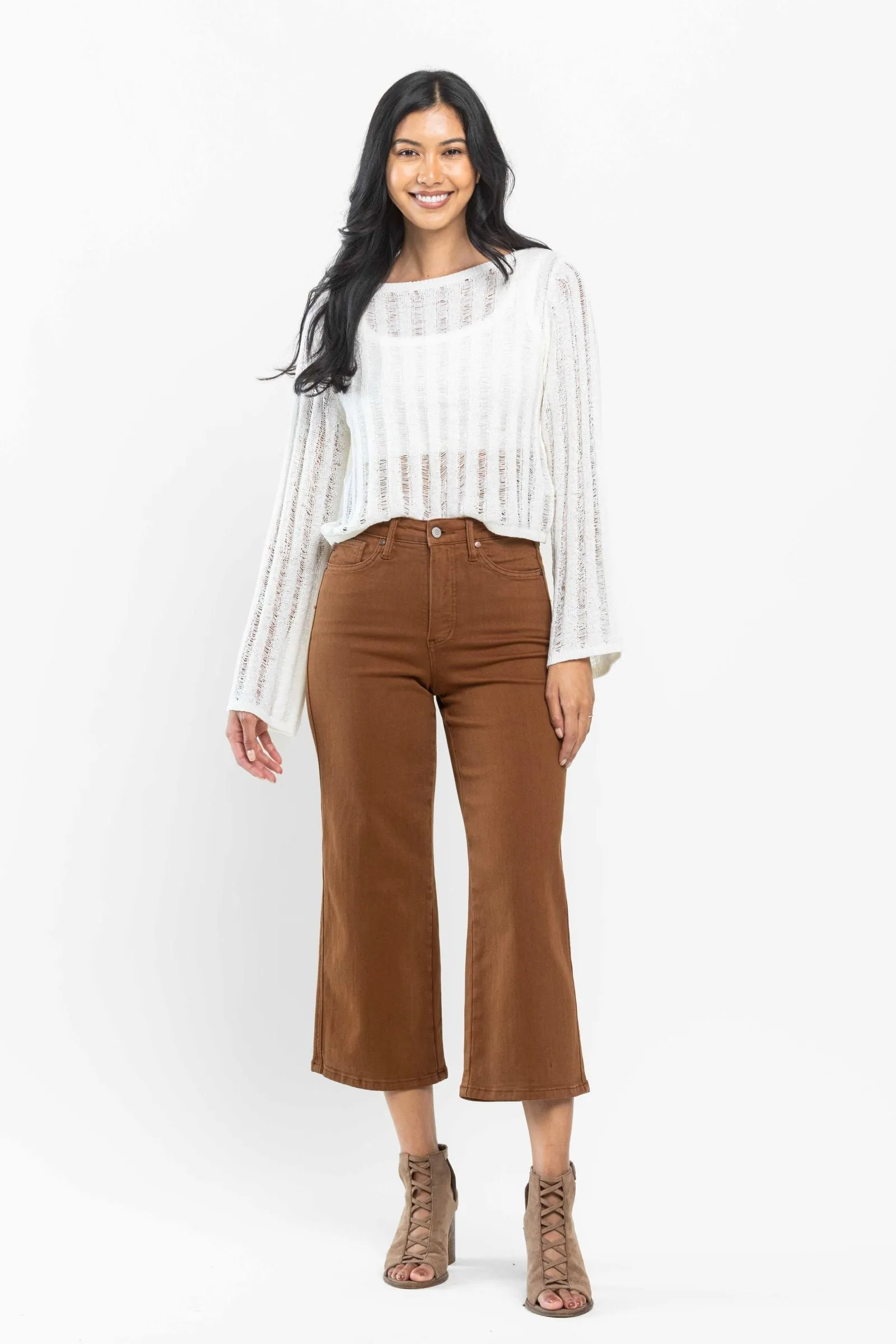 Judy Blue || Grace High Waist Tummy Control Wide Leg Crop in Camel