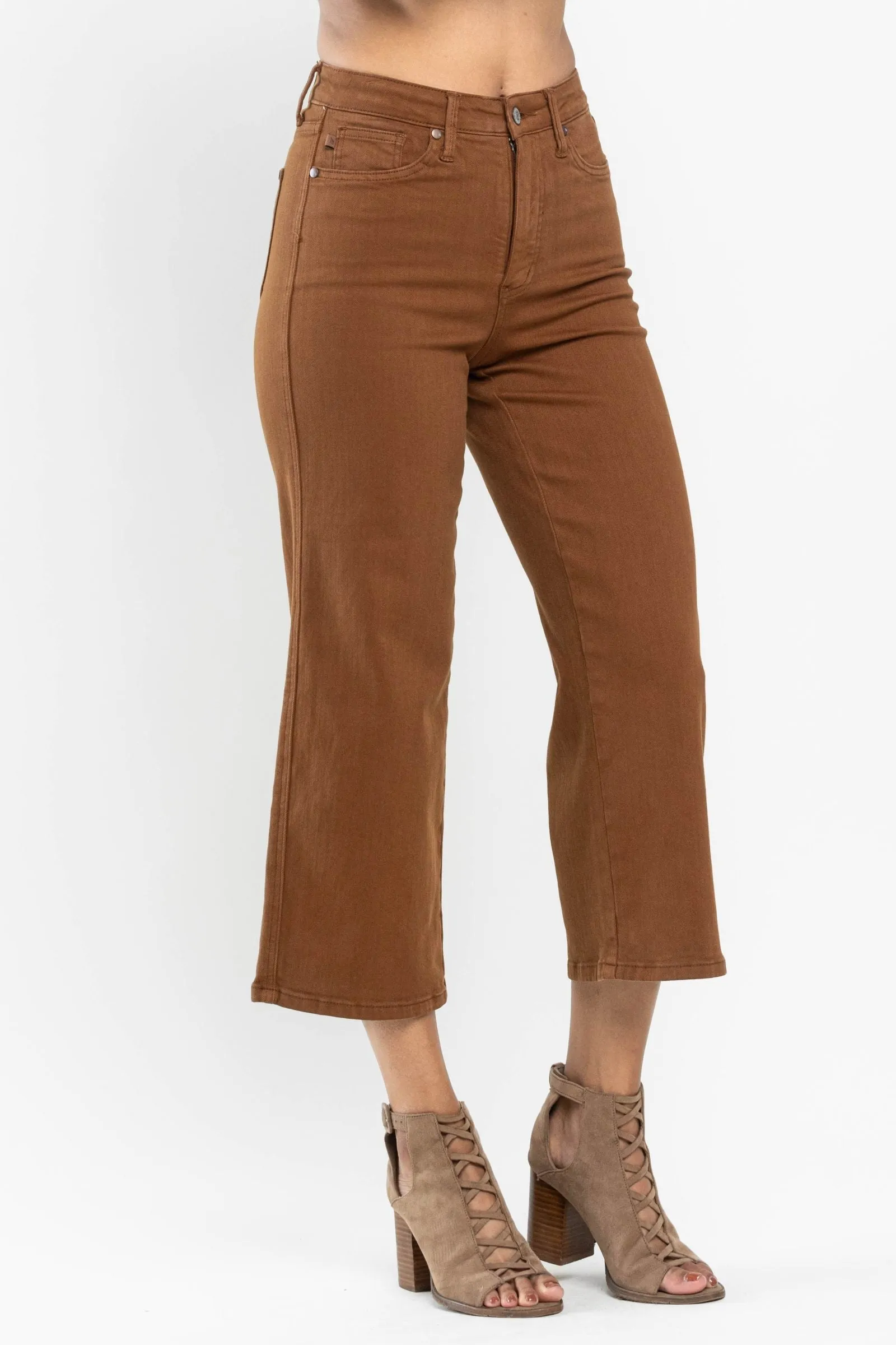 Judy Blue || Grace High Waist Tummy Control Wide Leg Crop in Camel