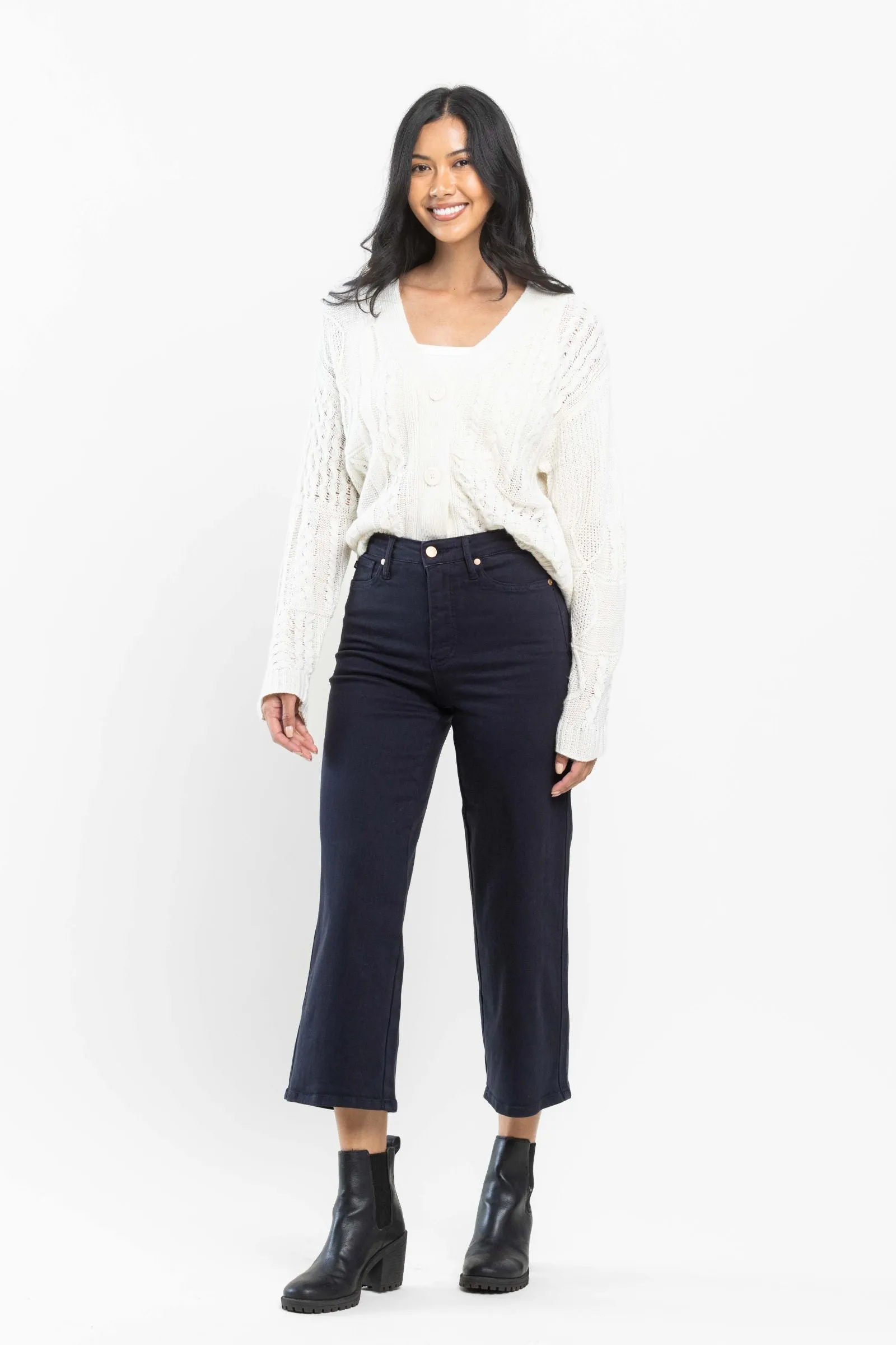 Judy Blue || Grace High Waist Tummy Control Wide Leg Crop in Navy