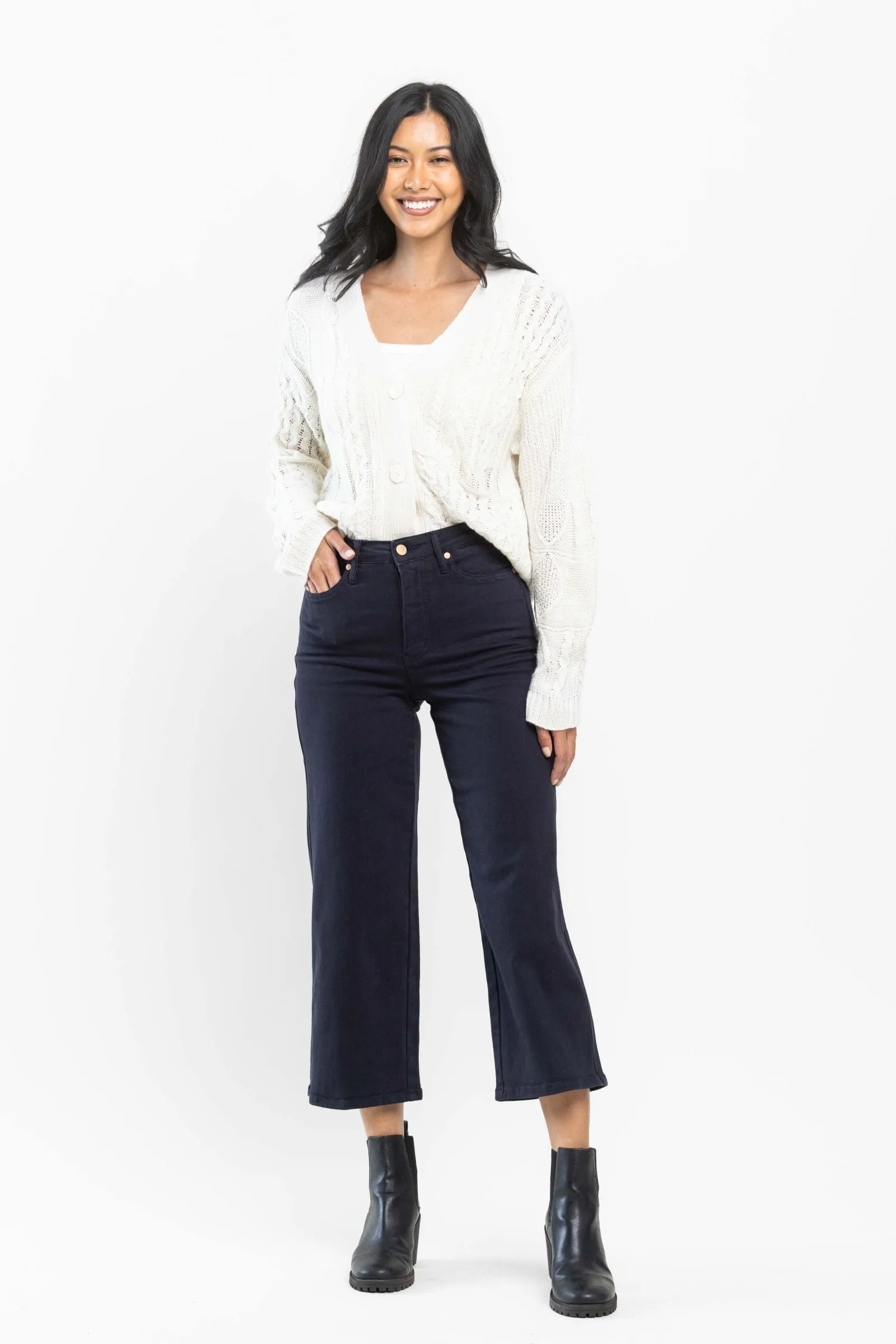 Judy Blue || Grace High Waist Tummy Control Wide Leg Crop in Navy