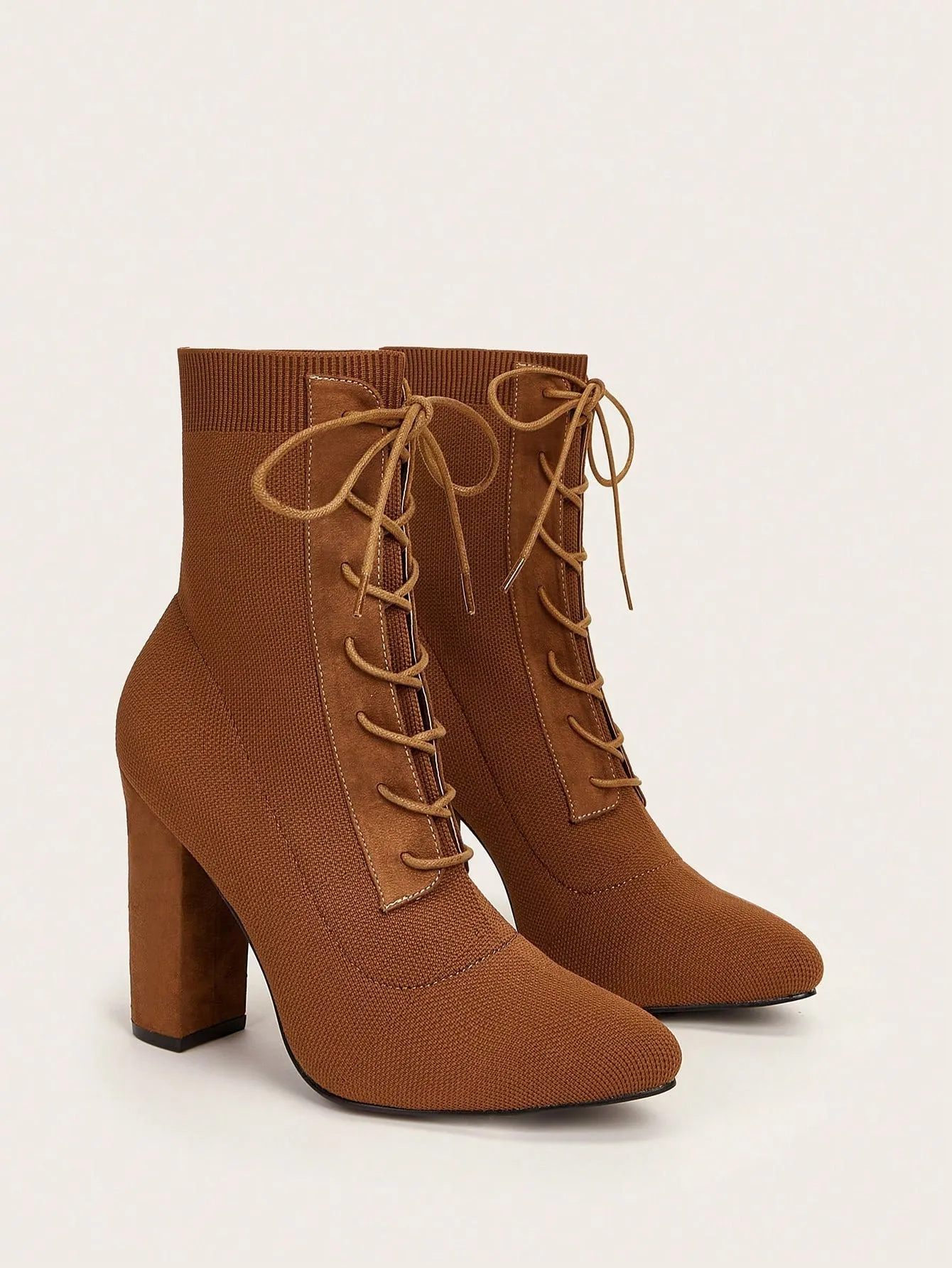 Knit Detail Point Toe Lace-up Front Chunky Sock Boots - Brown - FD ⚡
