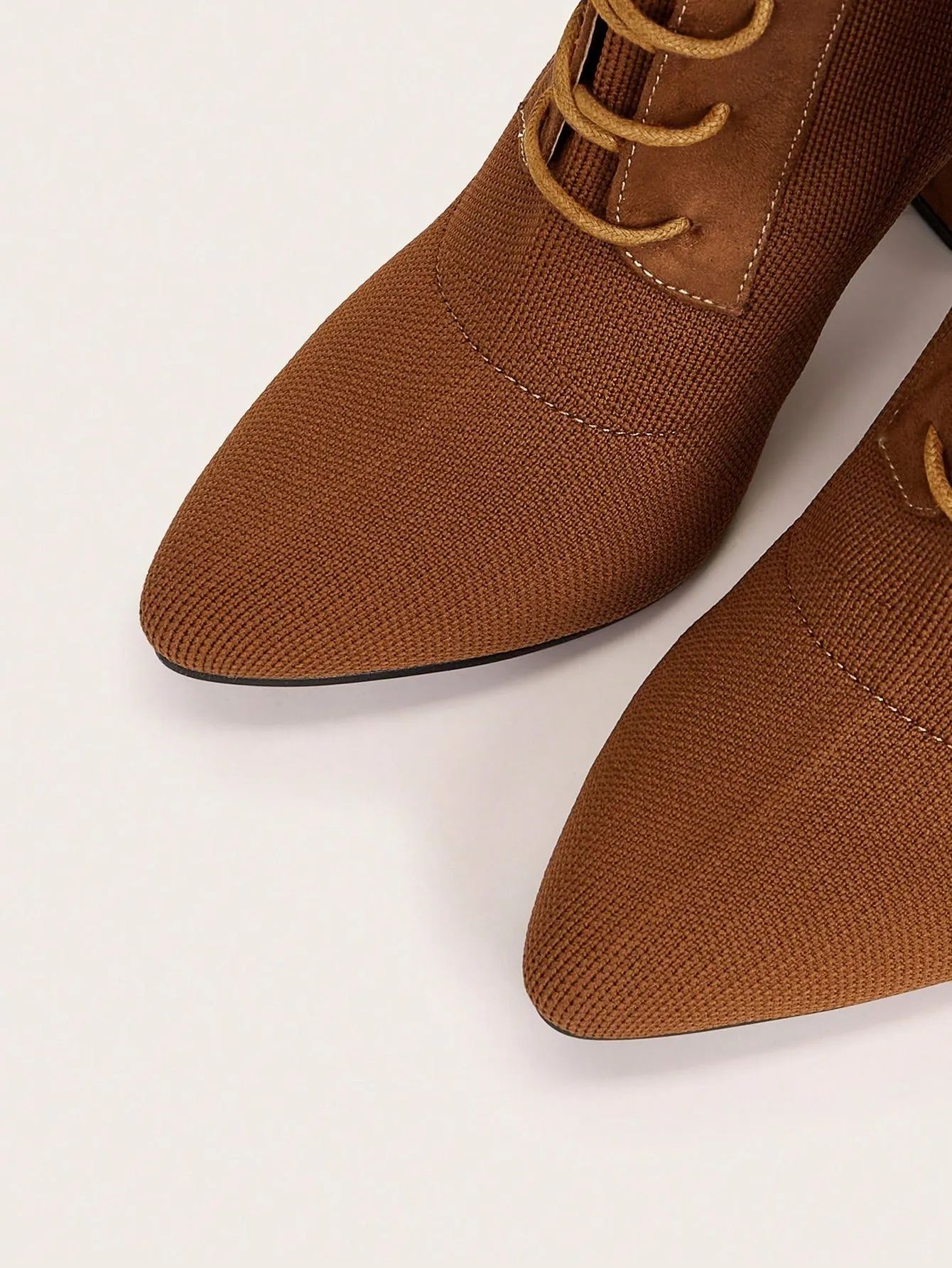 Knit Detail Point Toe Lace-up Front Chunky Sock Boots - Brown - FD ⚡