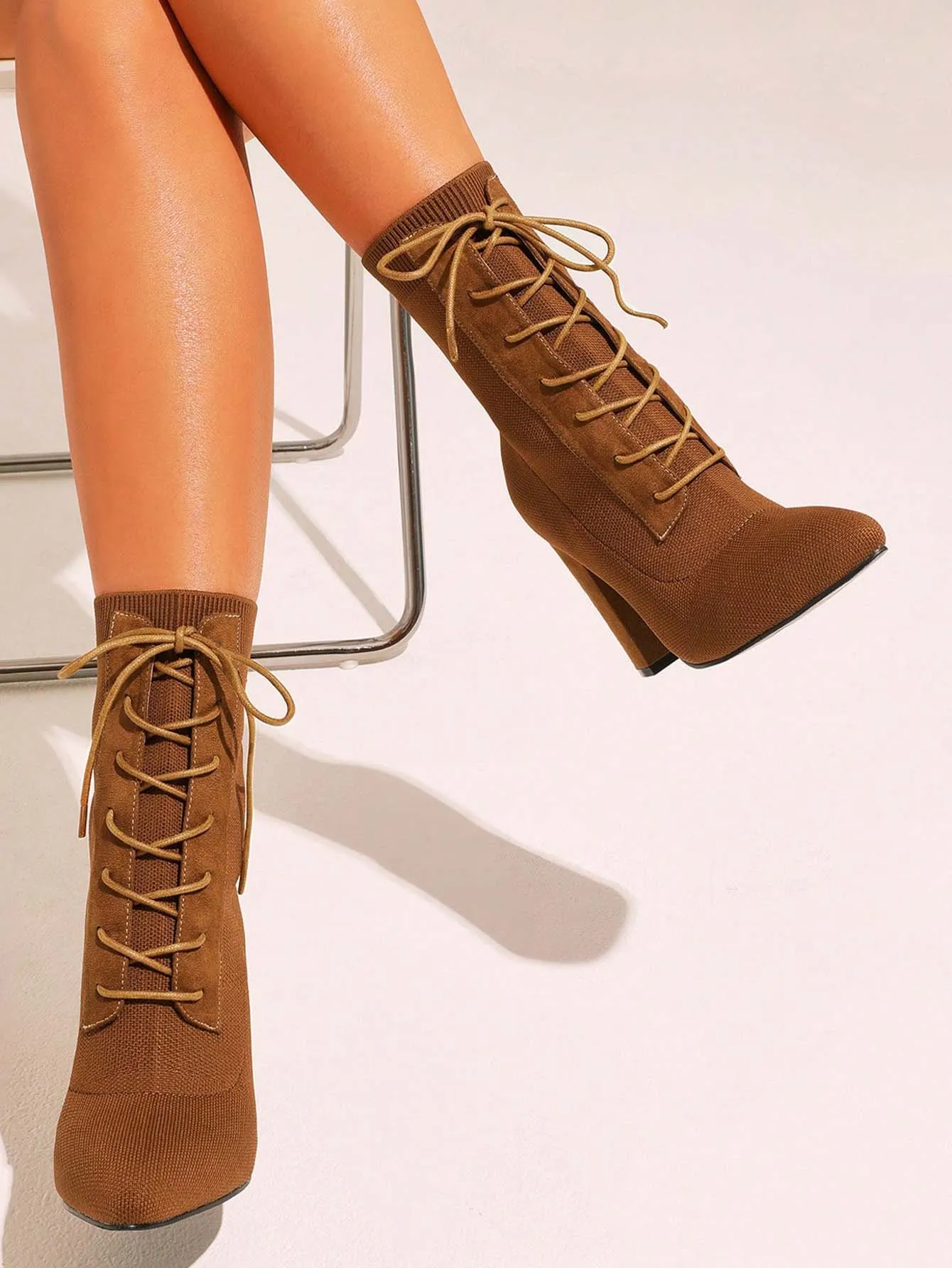 Knit Detail Point Toe Lace-up Front Chunky Sock Boots - Brown - FD ⚡