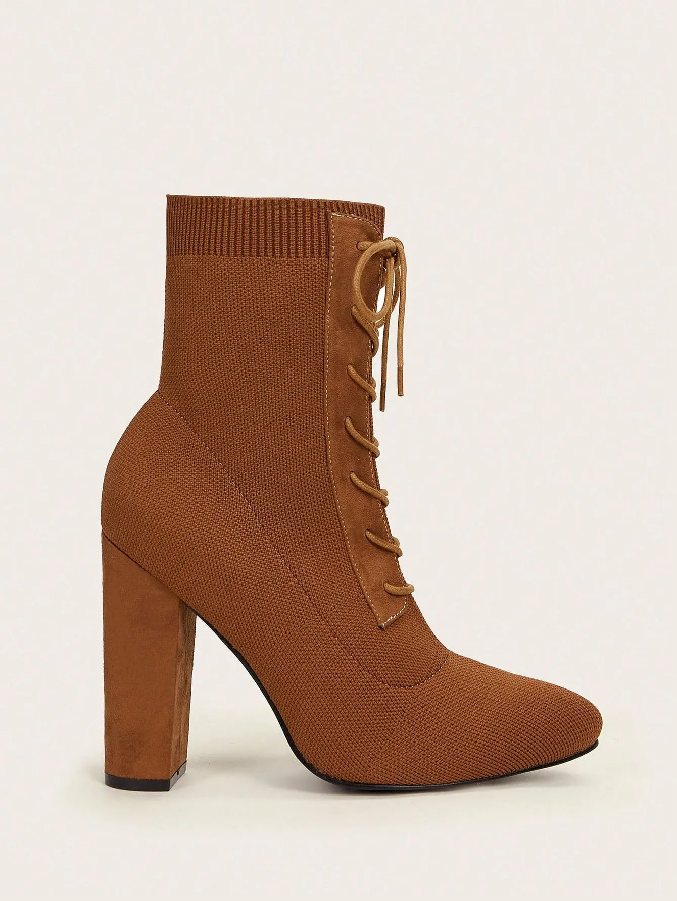 Knit Detail Point Toe Lace-up Front Chunky Sock Boots - Brown - FD ⚡