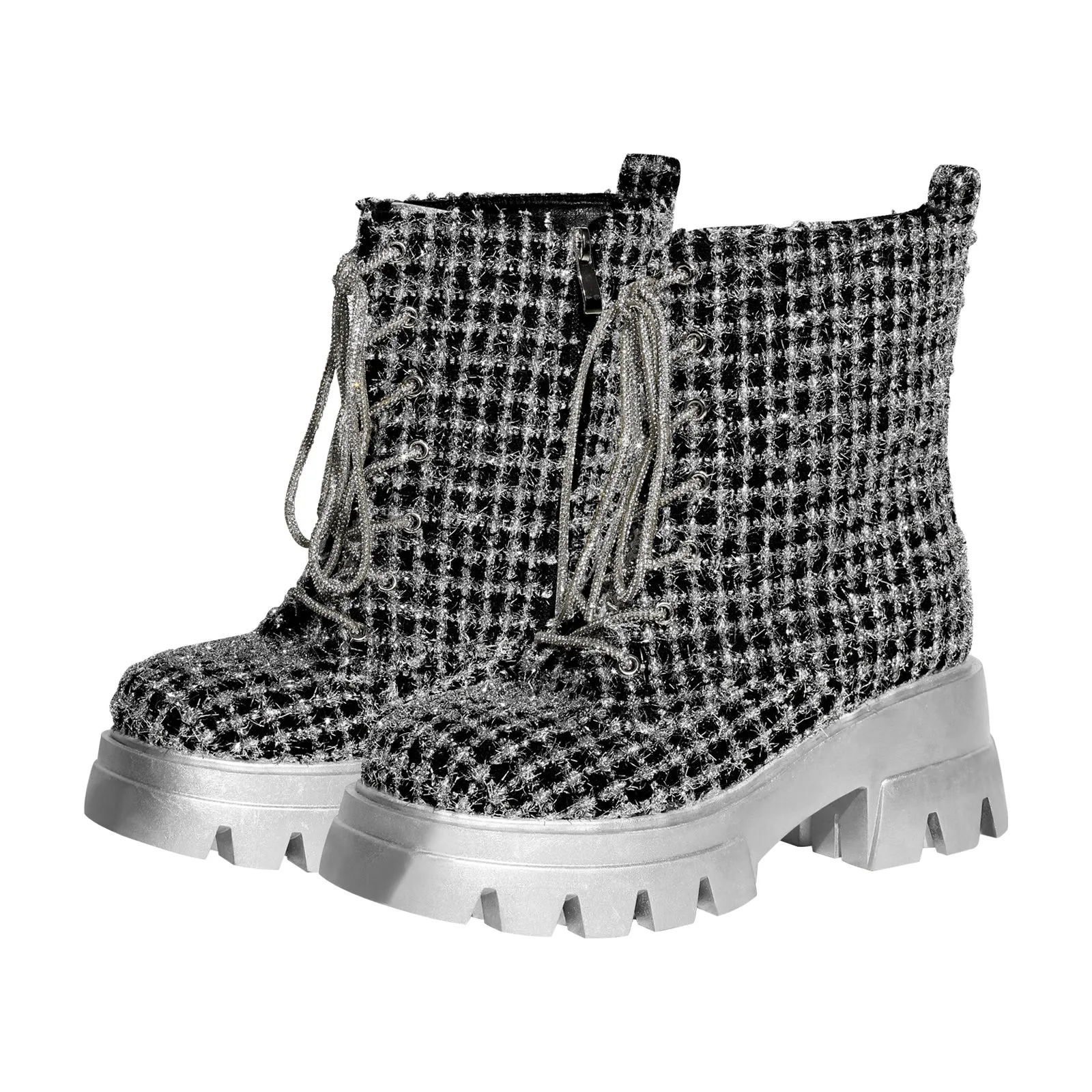 Lace-up Platform Tweed Mid Calf Boots