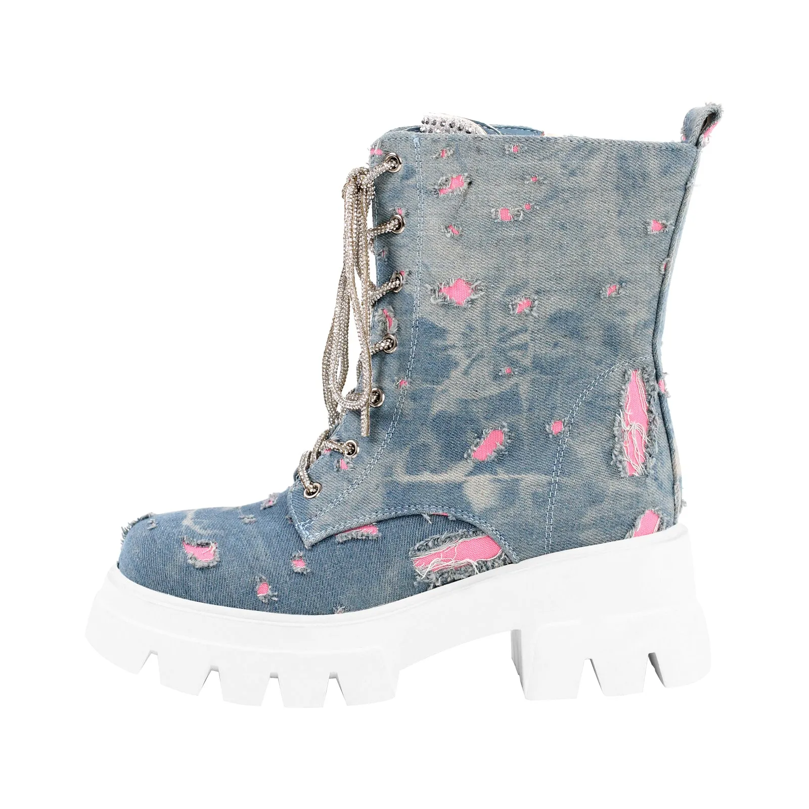 Lace-up Platform Tweed Mid Calf Boots