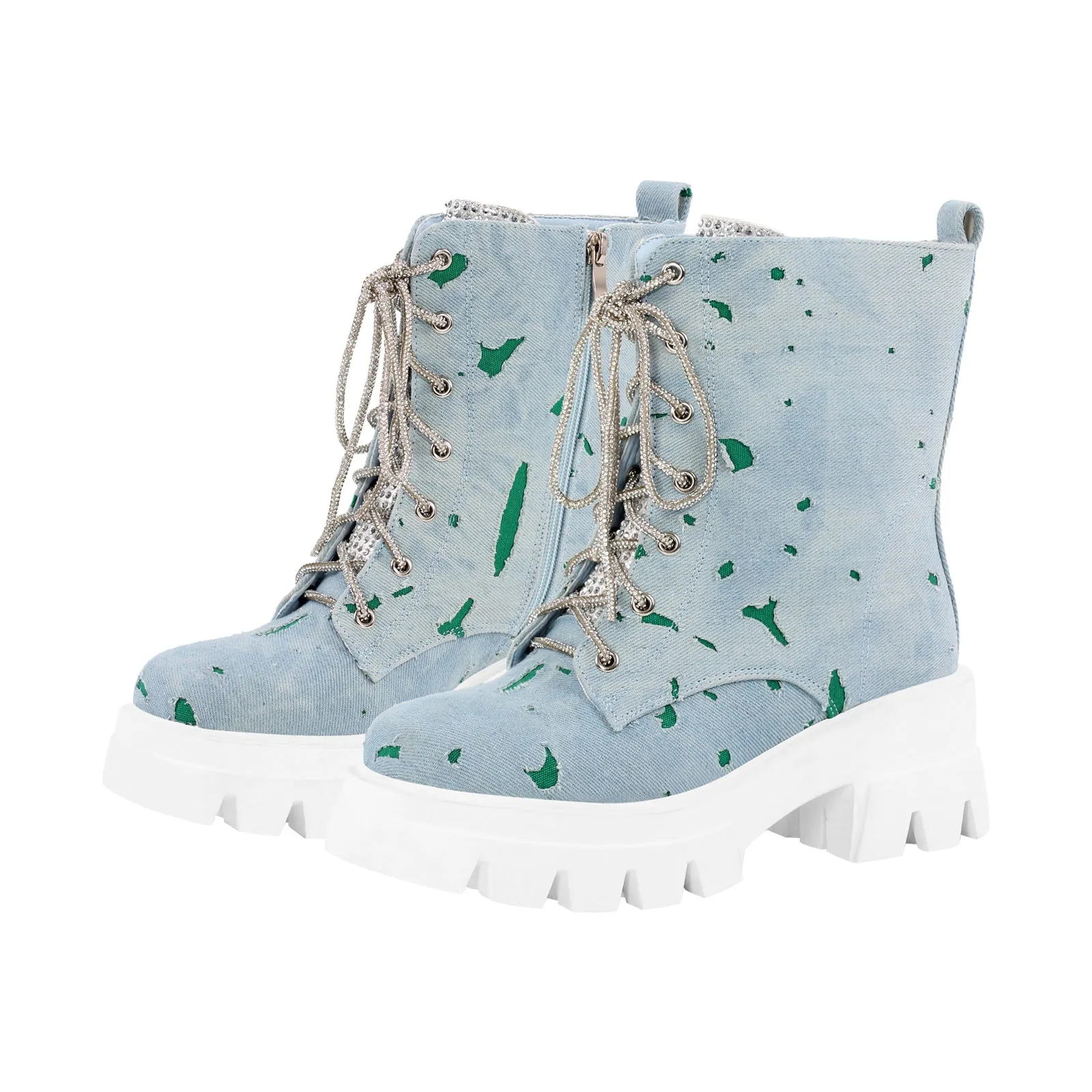 Lace-up Platform Tweed Mid Calf Boots