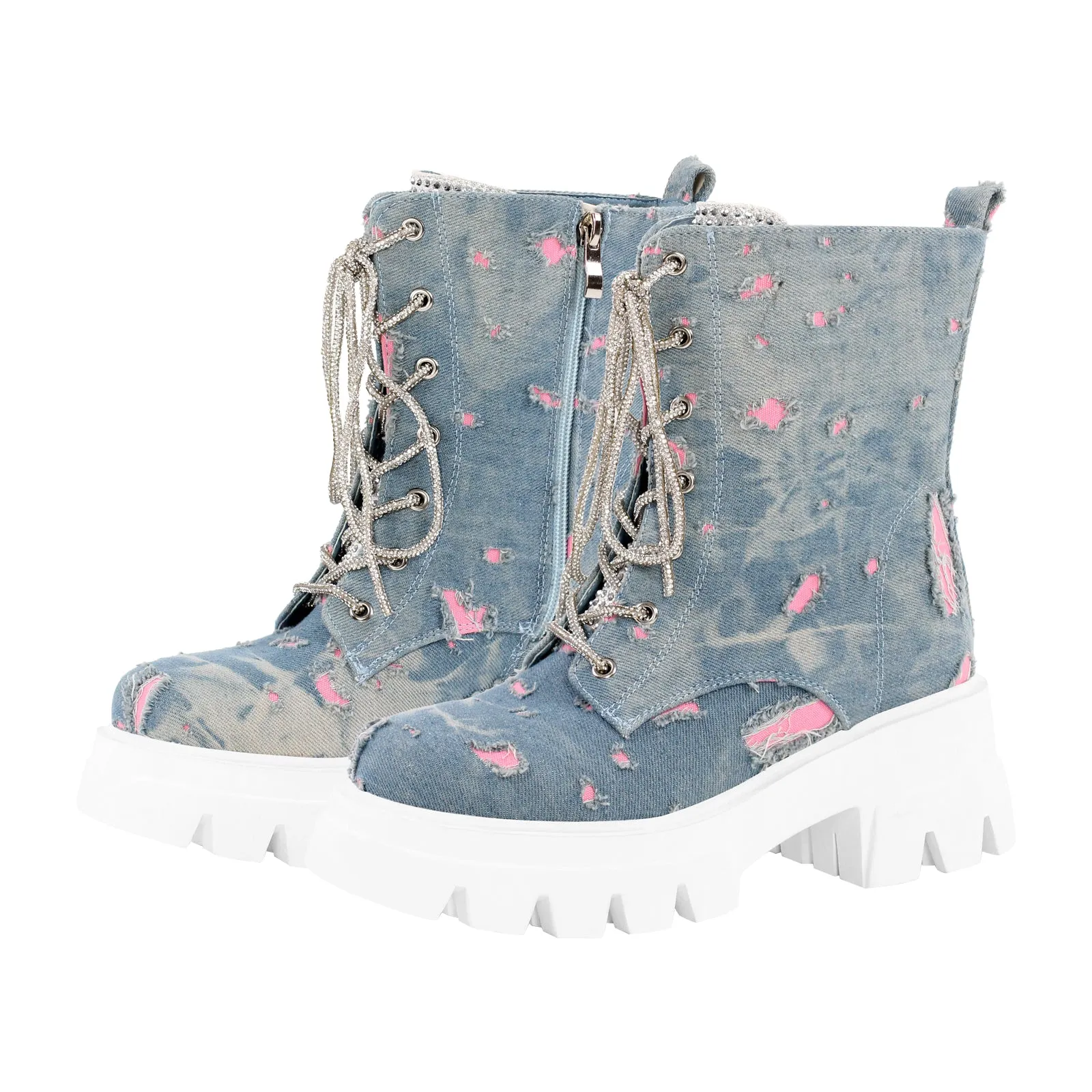 Lace-up Platform Tweed Mid Calf Boots
