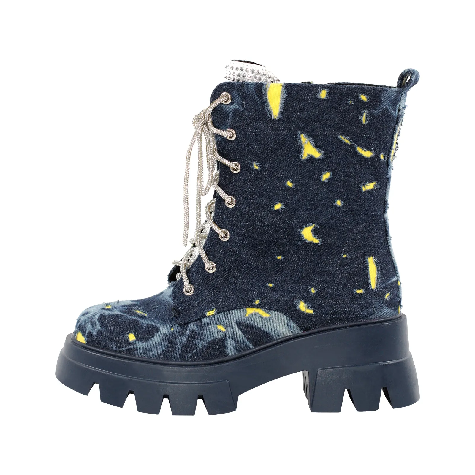Lace-up Platform Tweed Mid Calf Boots
