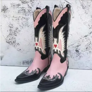 Ladies Embroidery Western Cowboy Boots Mid-Calf Pointy Toe Chunky Heel Cowgirl Boots