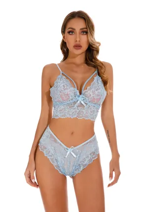 Light Blue Women's Elegantly Embroidered - Sleepwear Lingerie Bodysuits with G-String
