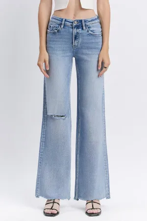 Lovervet High Rise Uneven Raw Hem Wide Leg Jeans