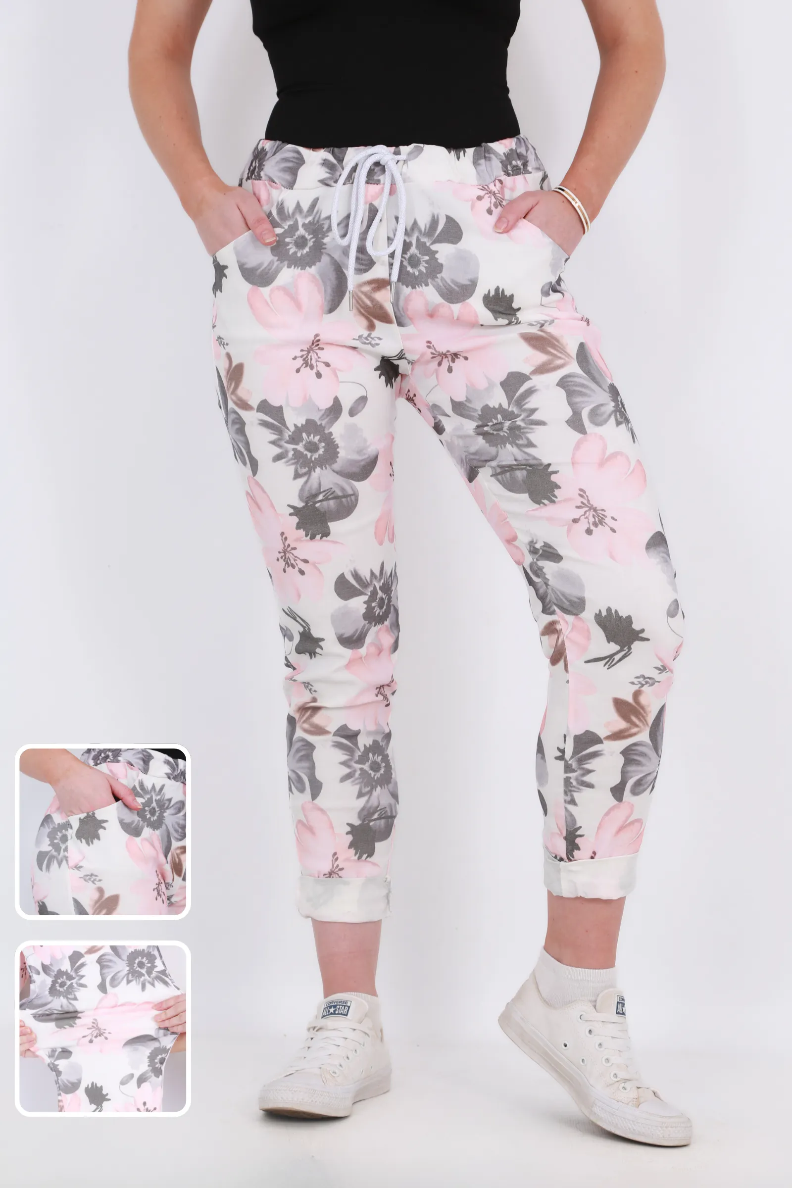 Made in Italy Magic Pants- Pink and Grey floral