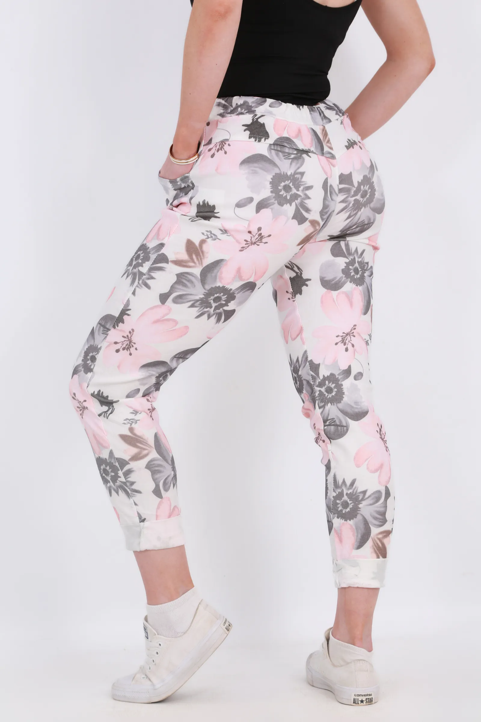 Made in Italy Magic Pants- Pink and Grey floral