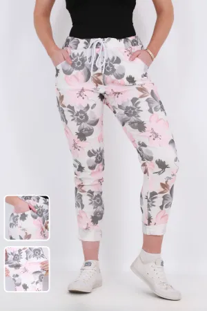 Made in Italy Magic Pants- Pink and Grey floral