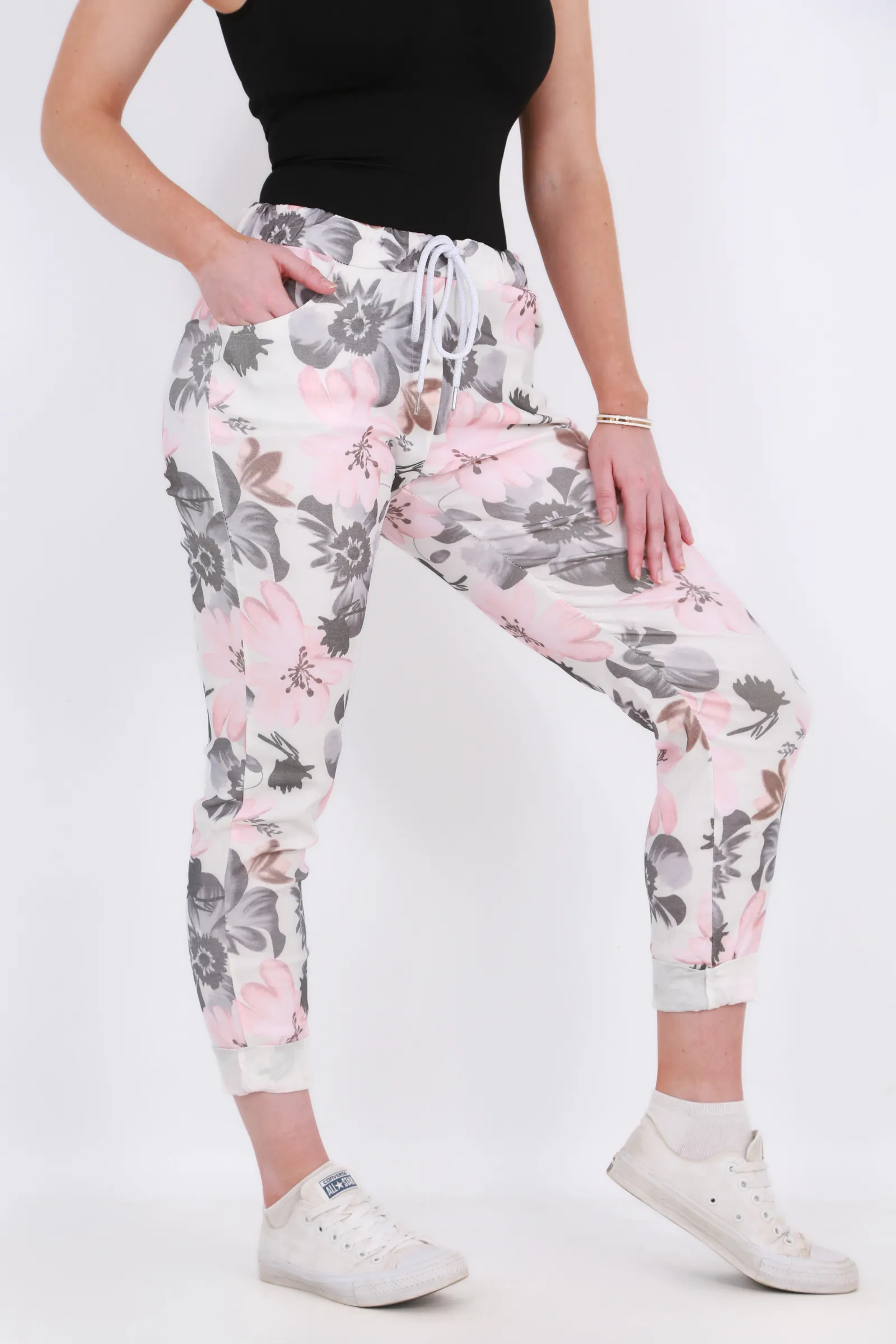 Made in Italy Magic Pants- Pink and Grey floral