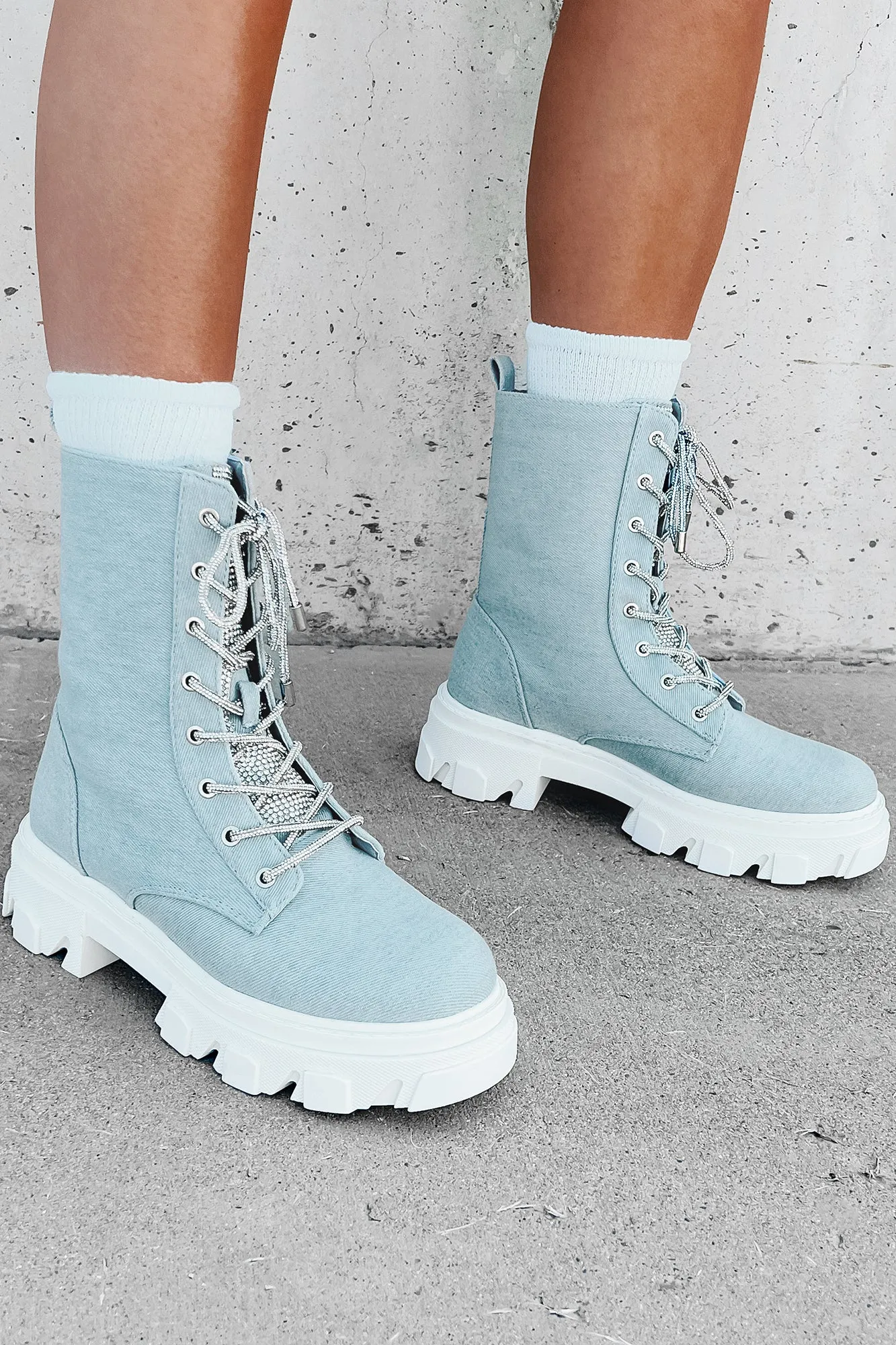 Marching On Rhinestone Lace-Up Combat Booties (Denim)