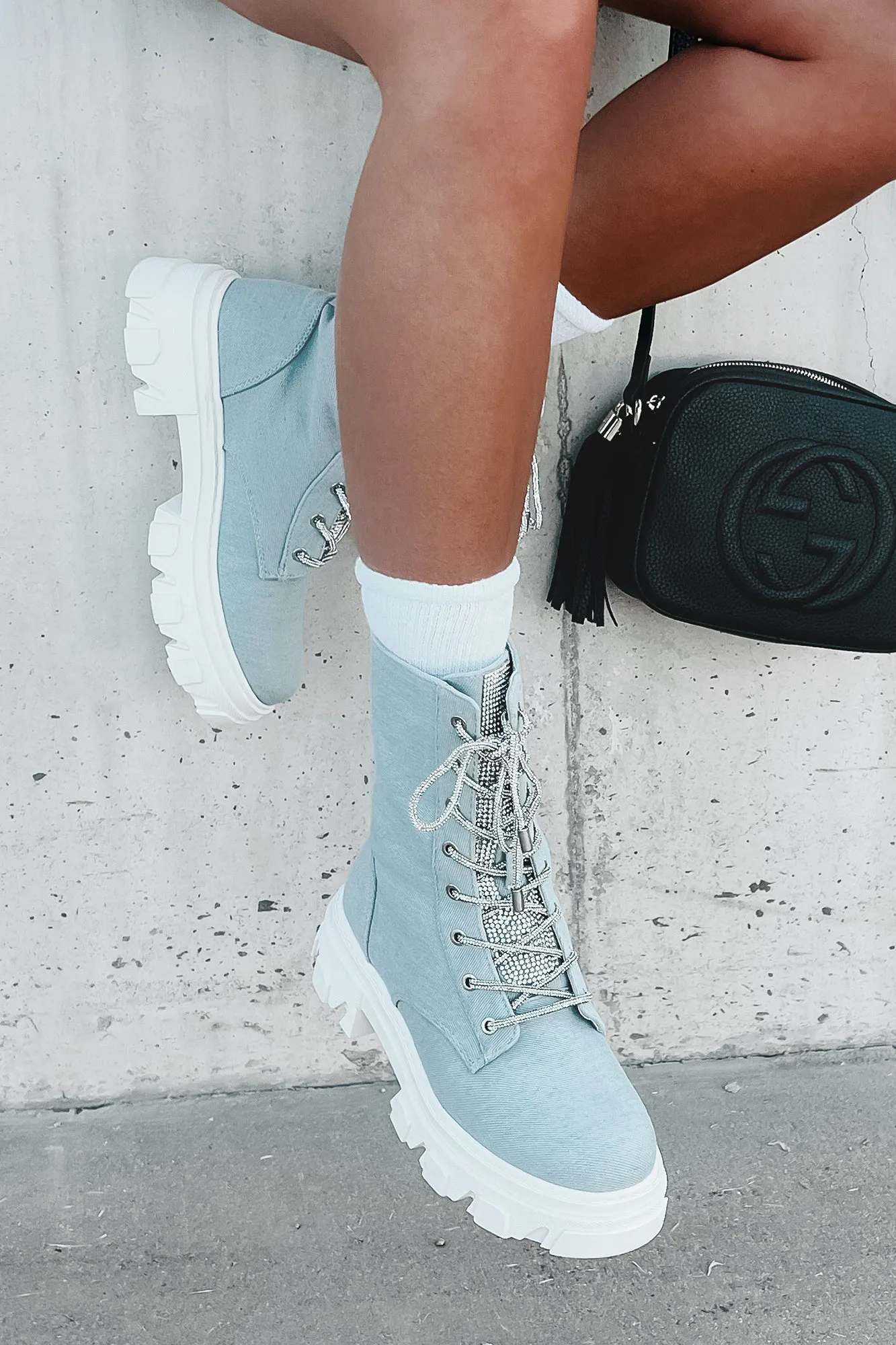 Marching On Rhinestone Lace-Up Combat Booties (Denim)
