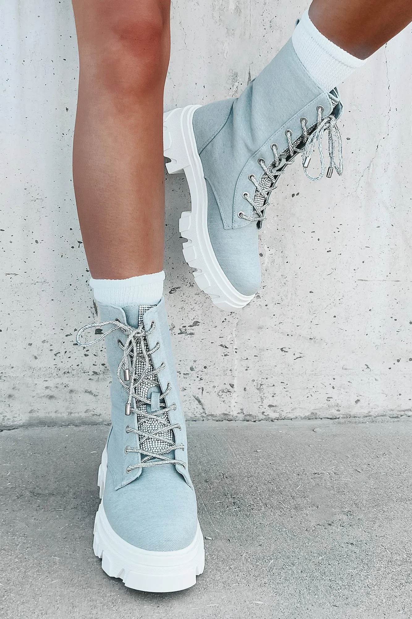 Marching On Rhinestone Lace-Up Combat Booties (Denim)