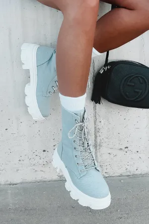 Marching On Rhinestone Lace-Up Combat Booties (Denim)