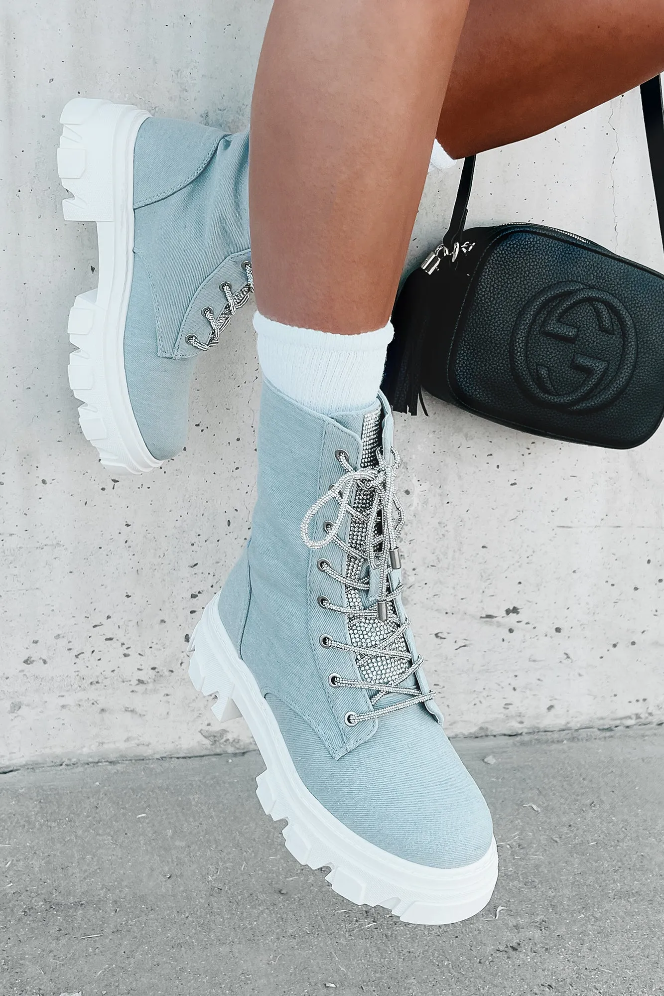 Marching On Rhinestone Lace-Up Combat Booties (Denim)