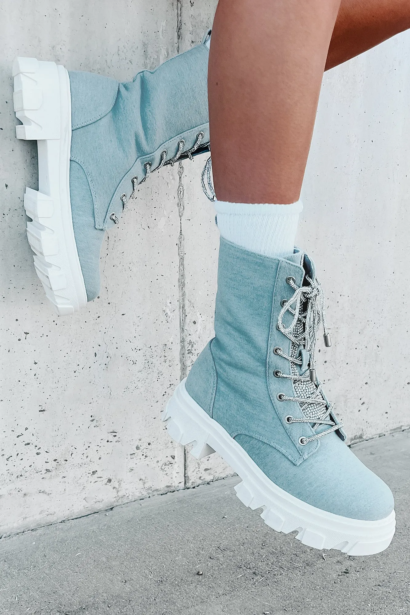 Marching On Rhinestone Lace-Up Combat Booties (Denim)