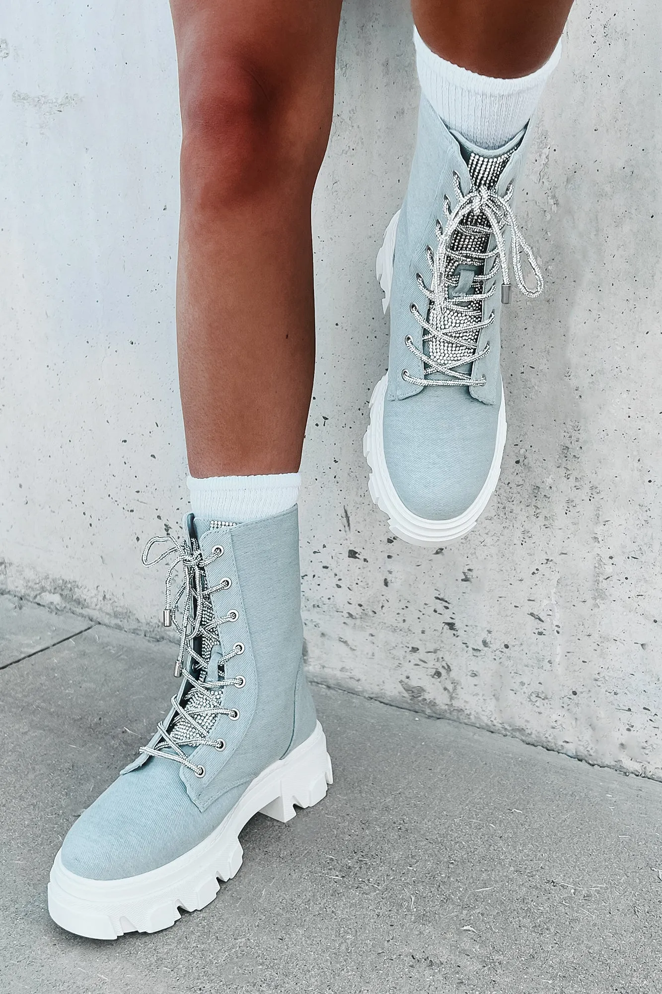 Marching On Rhinestone Lace-Up Combat Booties (Denim)