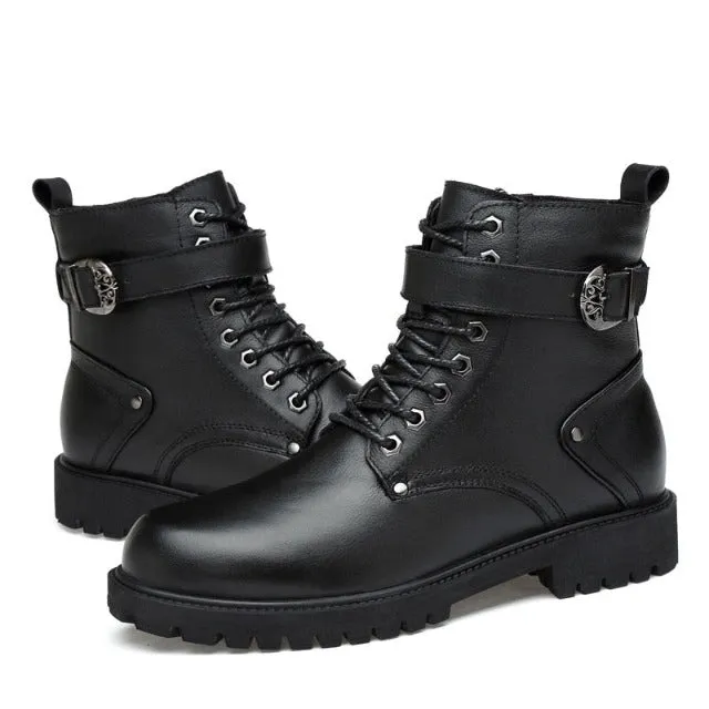 Men's punk style genuine leather lace up boots