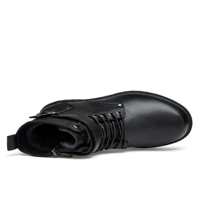 Men's punk style genuine leather lace up boots
