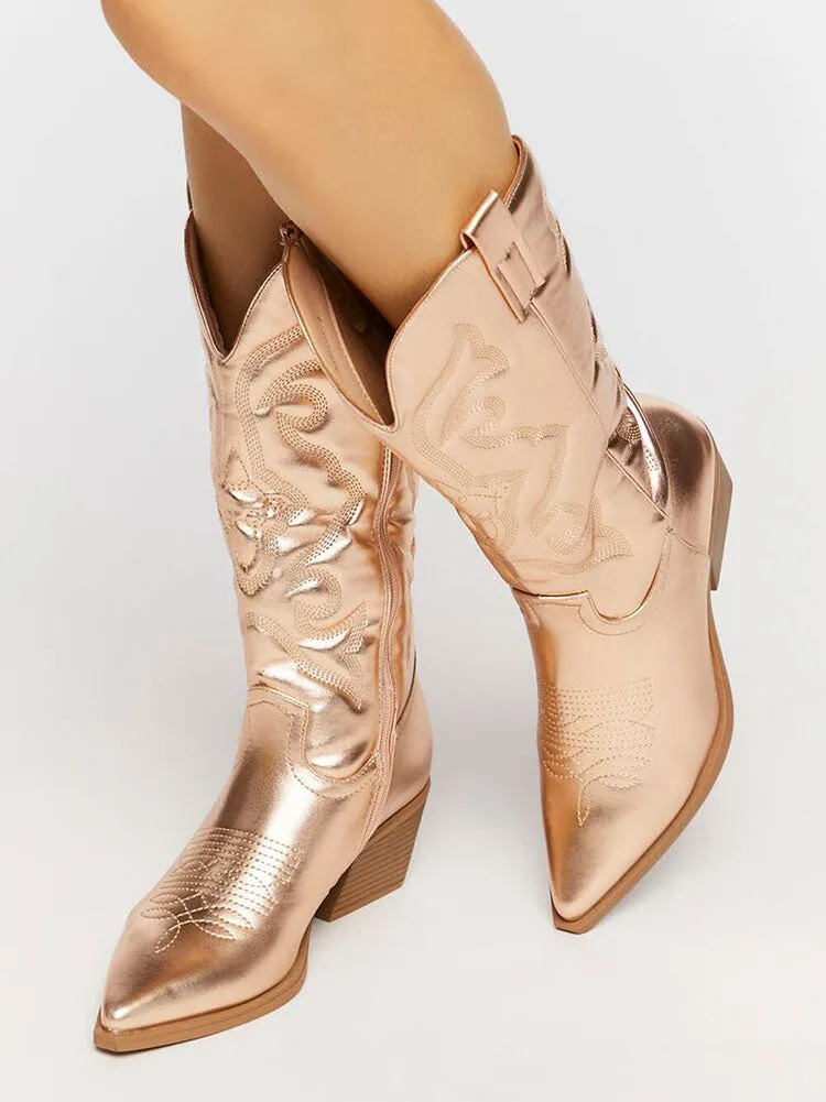 Metallic PU Leather Cowboy Boots