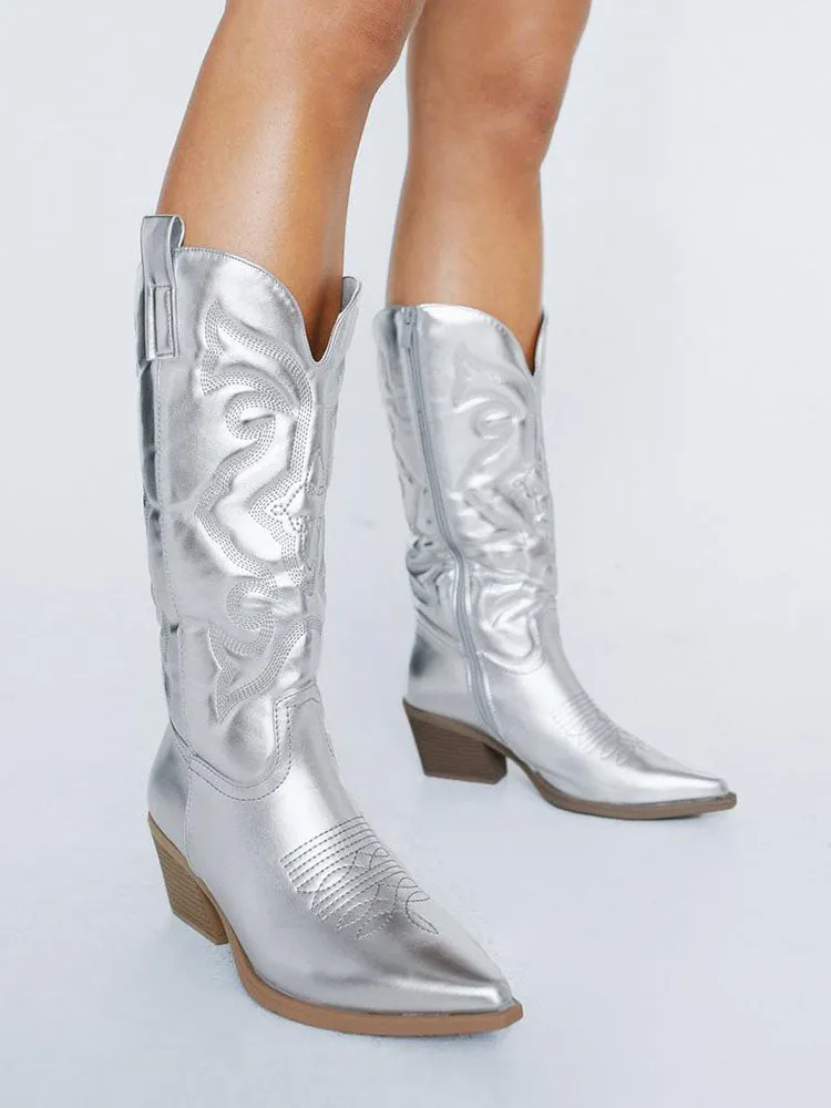 Metallic PU Leather Cowboy Boots