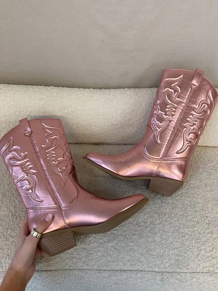 Metallic PU Leather Cowboy Boots