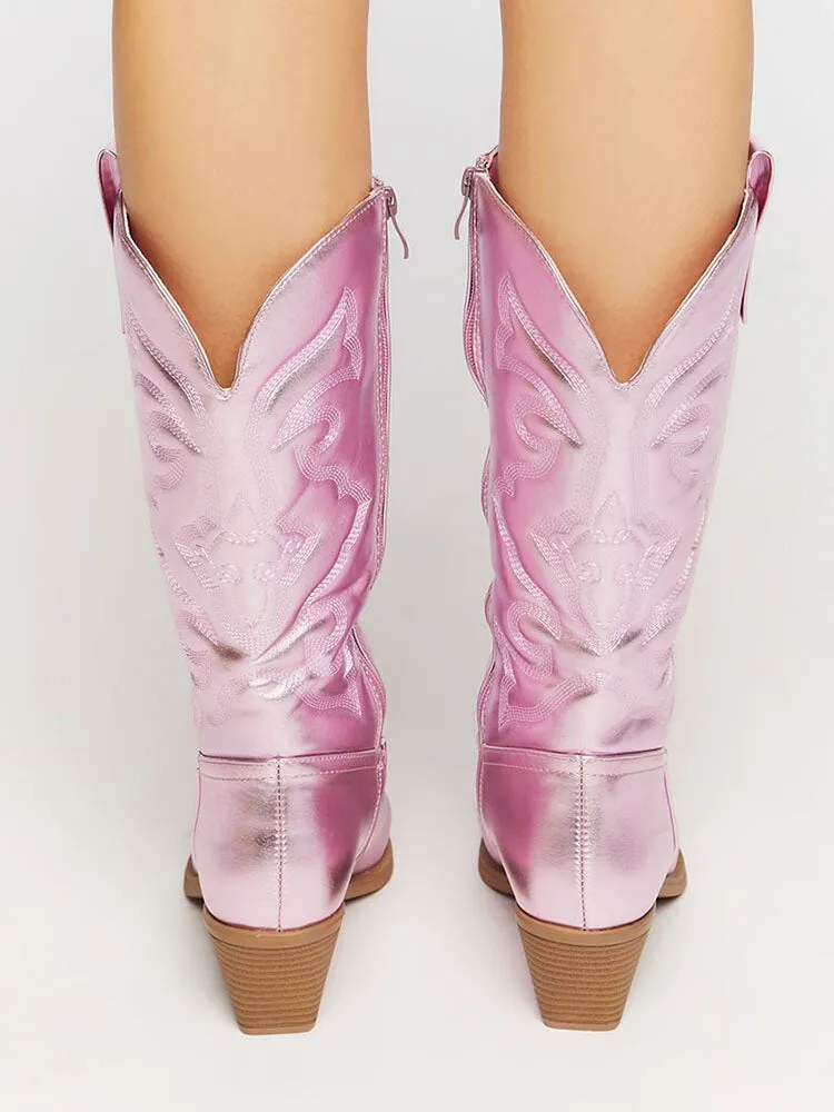 Metallic PU Leather Cowboy Boots