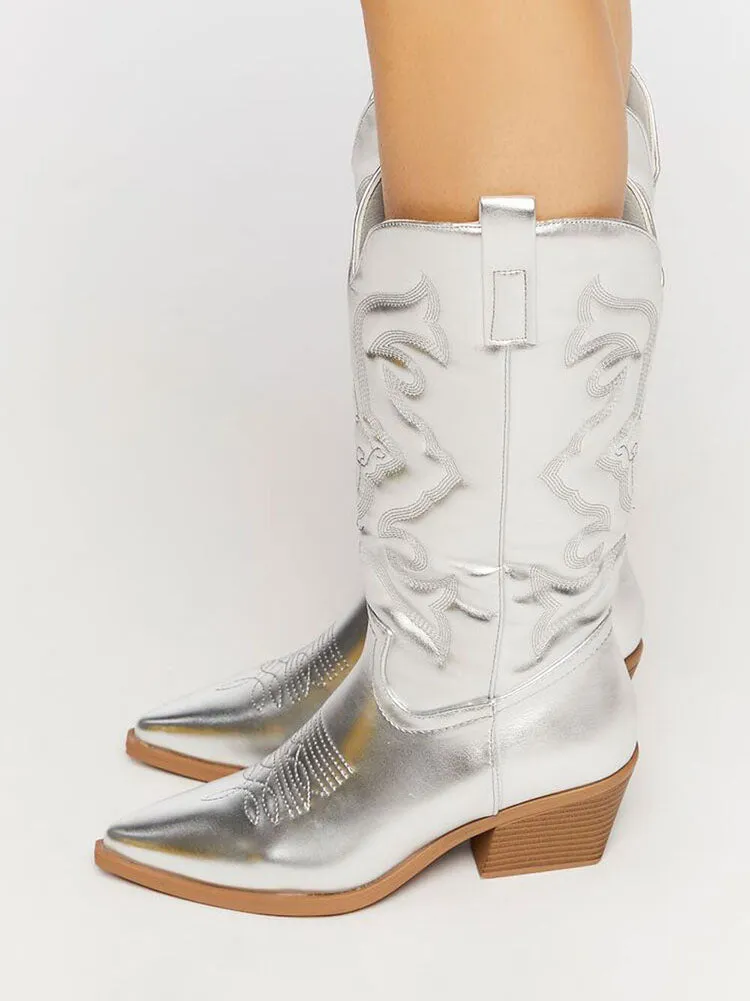 Metallic PU Leather Cowboy Boots