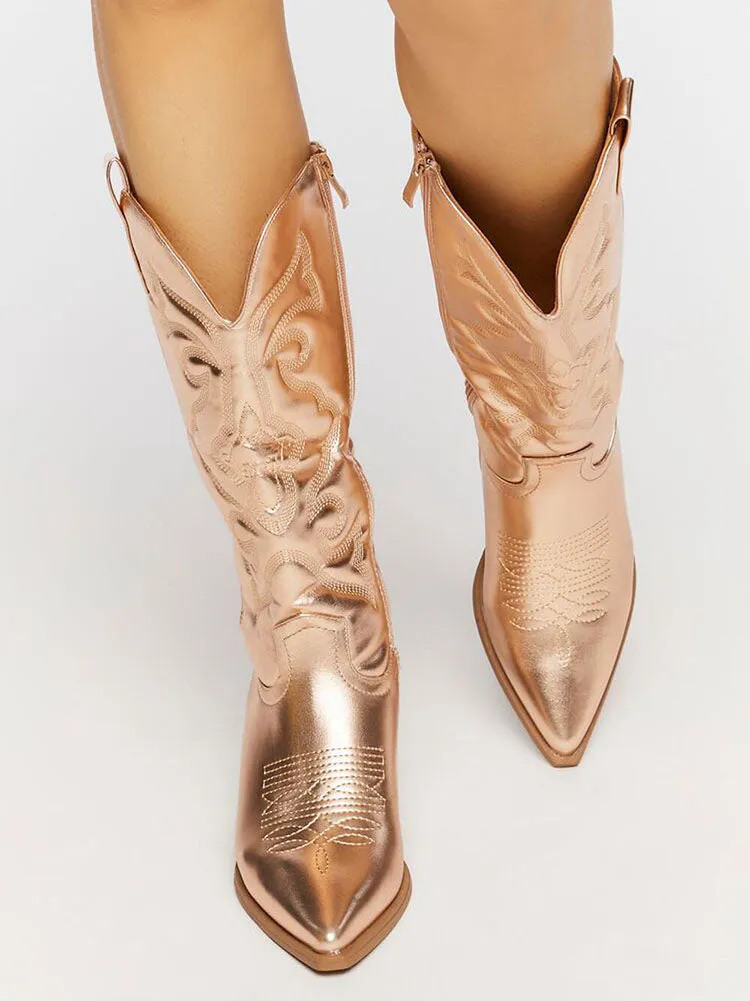 Metallic PU Leather Cowboy Boots