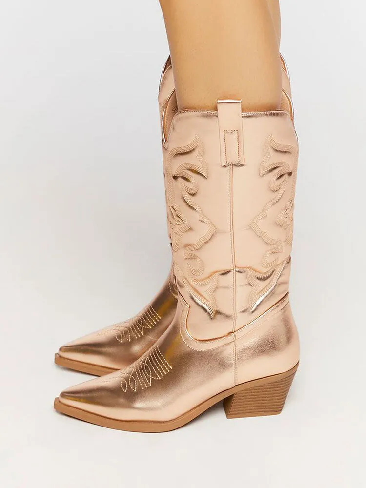 Metallic PU Leather Cowboy Boots