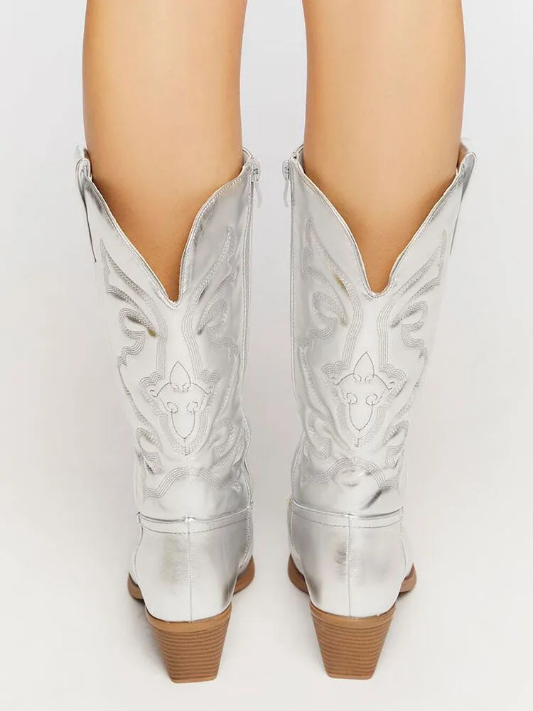 Metallic PU Leather Cowboy Boots