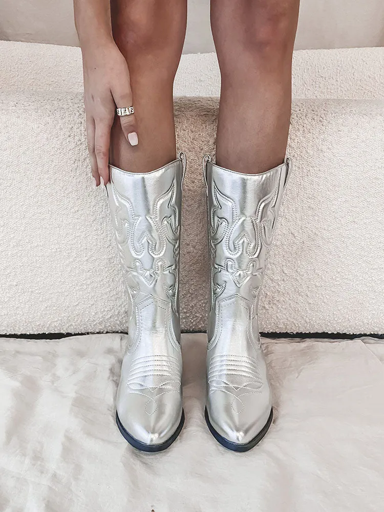 Metallic PU Leather Cowboy Boots