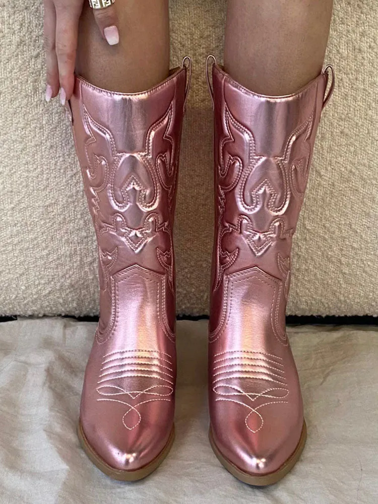 Metallic PU Leather Cowboy Boots
