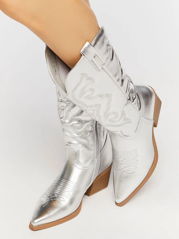 Metallic PU Leather Cowboy Boots